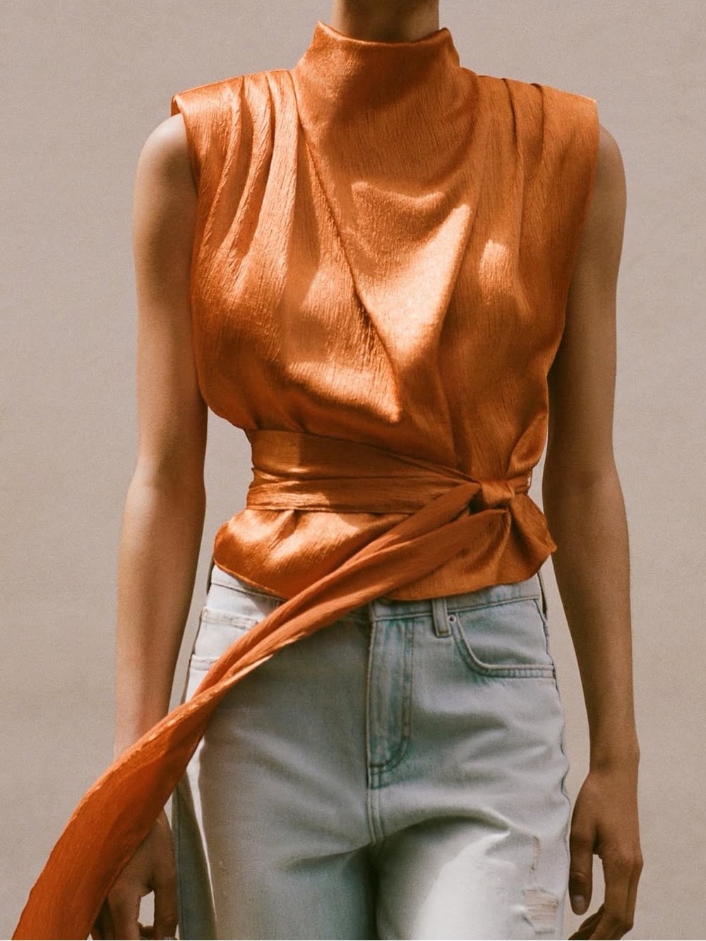 Satin Wrap Sleeveless Top in Burnt Orange